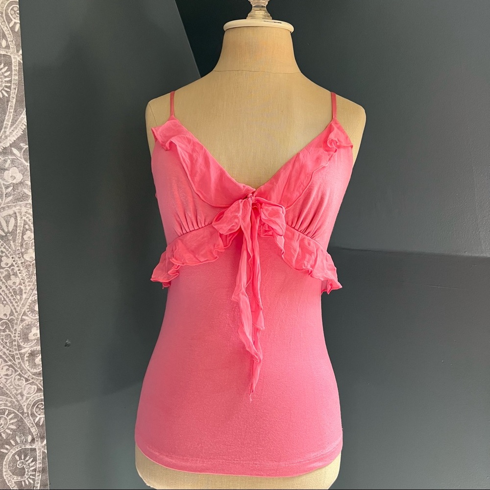 Bebe Y2K Pink Barbiecore Tank Top w/ Flowy Chiffon Bow Adjustable Straps M